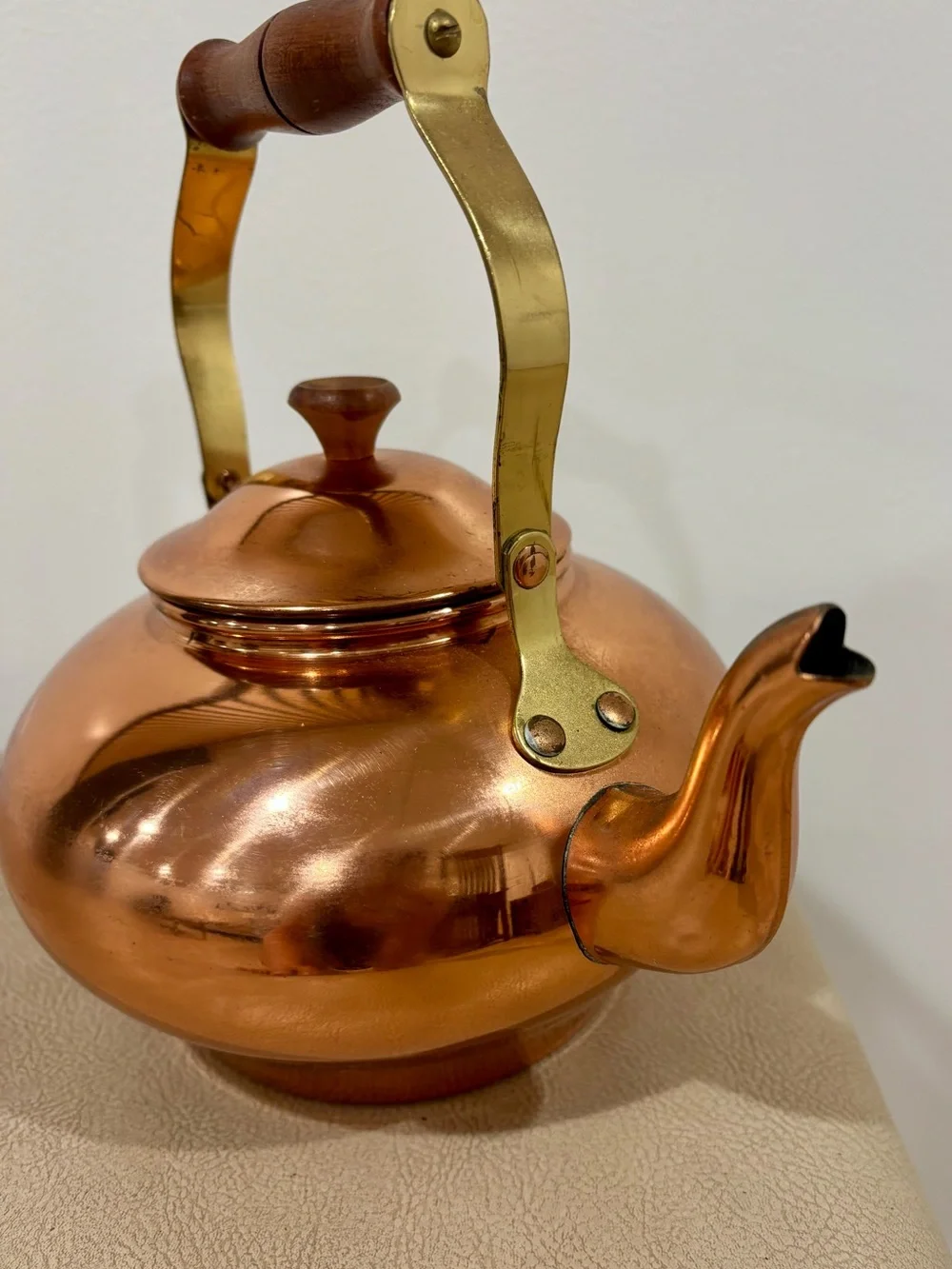 Vintage Copper Teapot with Tin Lining and Wood Handle Made in Portugal